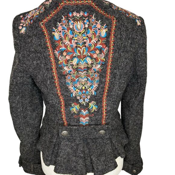 Free People Wool Blend Gray 4 Bohemian Embroidered Pleated Button Jacket Blazer - Picture 8 of 13